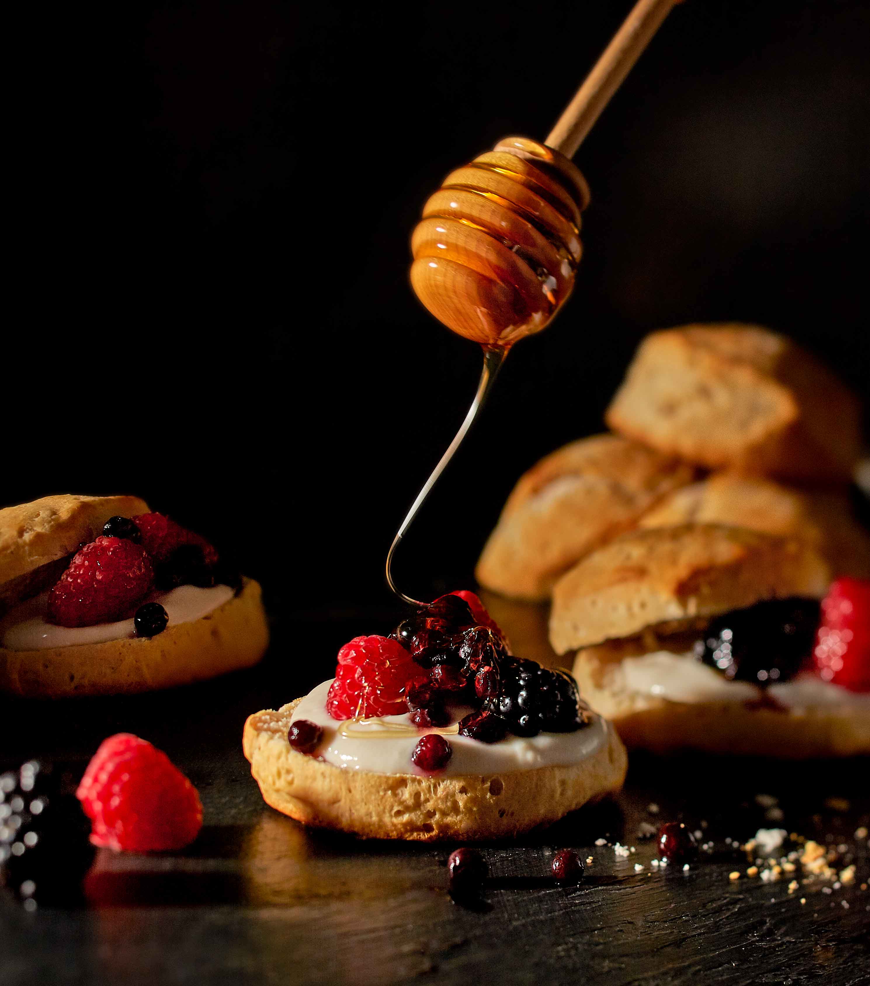 Dark photograph of fruit shortcake